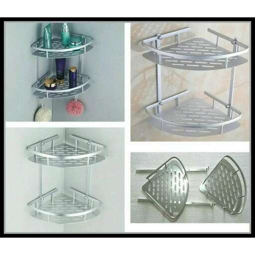 a metal shelf with a metal shelf and a mirror.