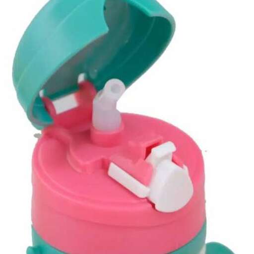 a pink plastic cup with a broken arm.