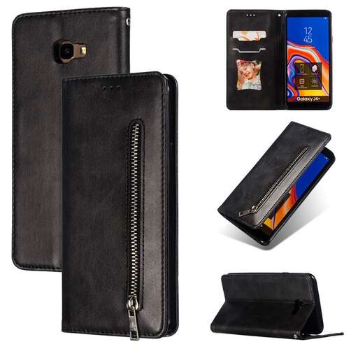 a black leather wallet with a black case and a cell phone.