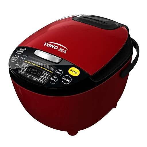 a red and black alarm clock with a dial.