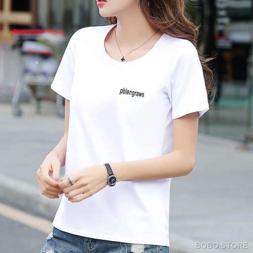 white t - shirt with a black logo