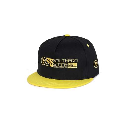 baseball cap with a yellow and black logo.