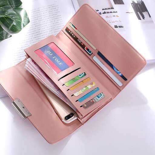 a pretty pink wallet with a lot of different colors.