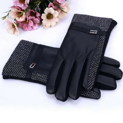 a pair of black gloves with a white checkered pattern.