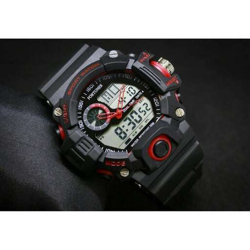 the watch is made of black leather.