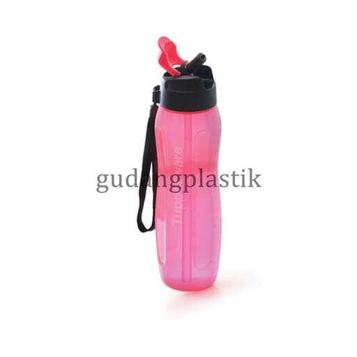 a pink water bottle with a black lid