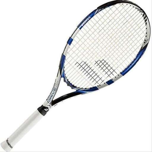 a tennis racket with a white handle and blue trim.