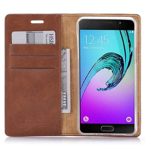 a leather wallet with a cell phone inside of it.