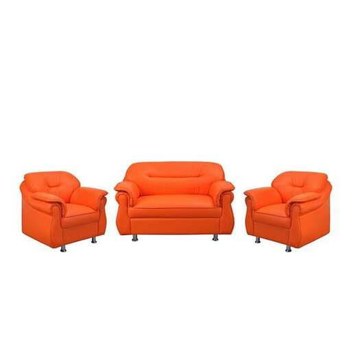 a set of orange chairs with a black base and a white background.