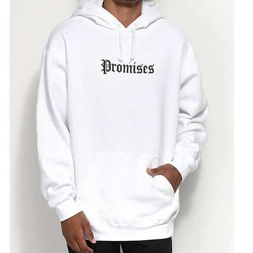 white hoodie with a black text on the chest.