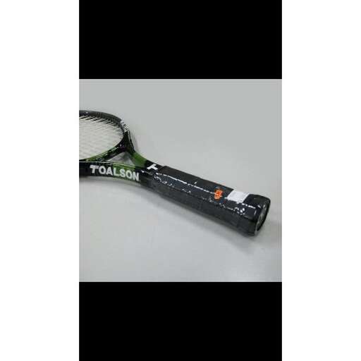a tennis racket with a black handle and a white background.