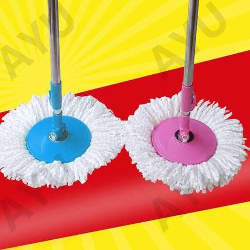 a pair of white mop and a pink and blue plastic mop