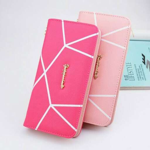 pink wallet with a gold finish
