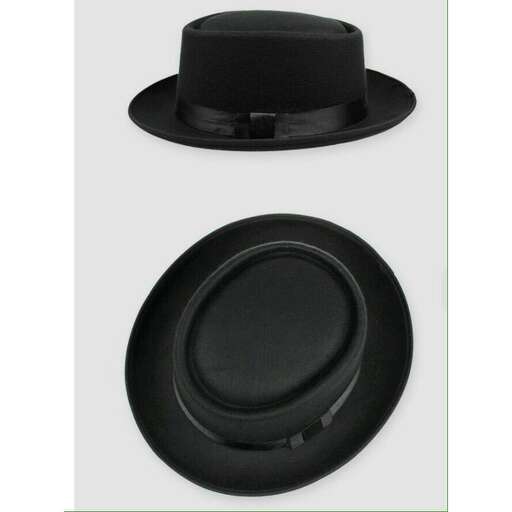 a black fedora hat with a black bow tie.