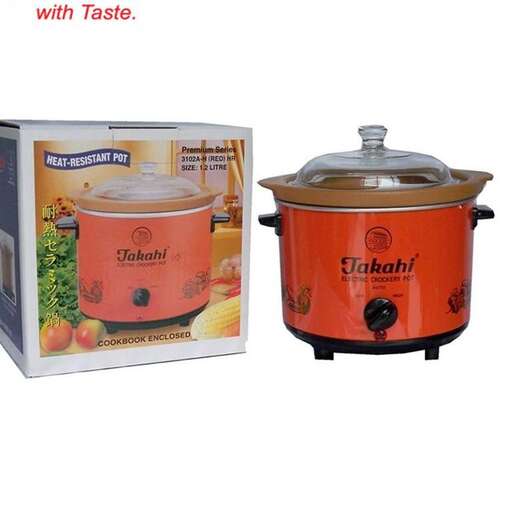 a red pot and a pot of food on a white background.