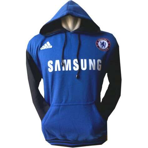 the hoodie is available in blue and red.