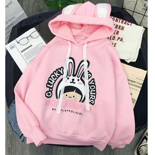 a pink hoodie with a bunny on it.