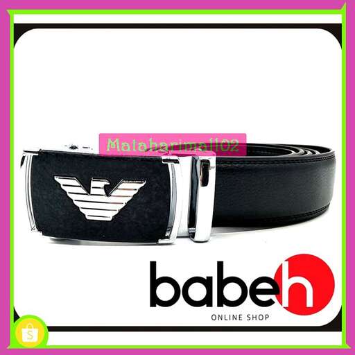 a black leather belt with a logo on the front.