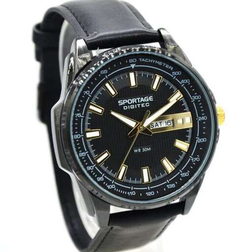 black leather watch with a gold dial