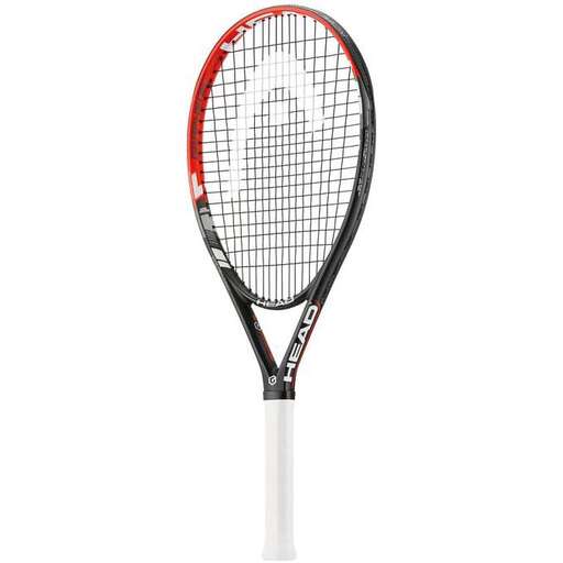 tennis racket in red and black with a white handle