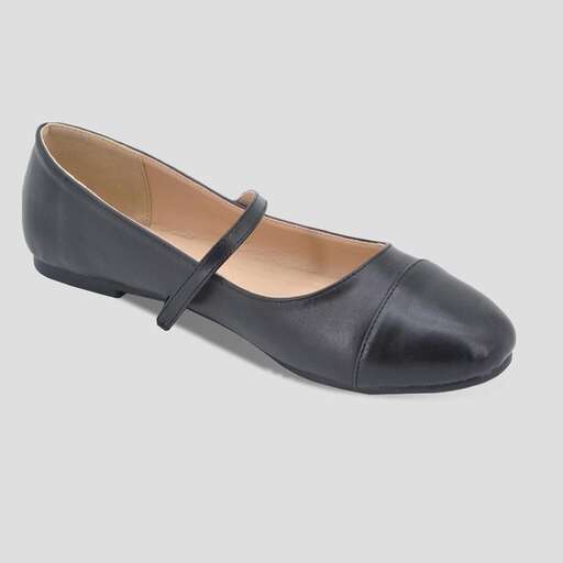 a pair of black leather shoes with a strap