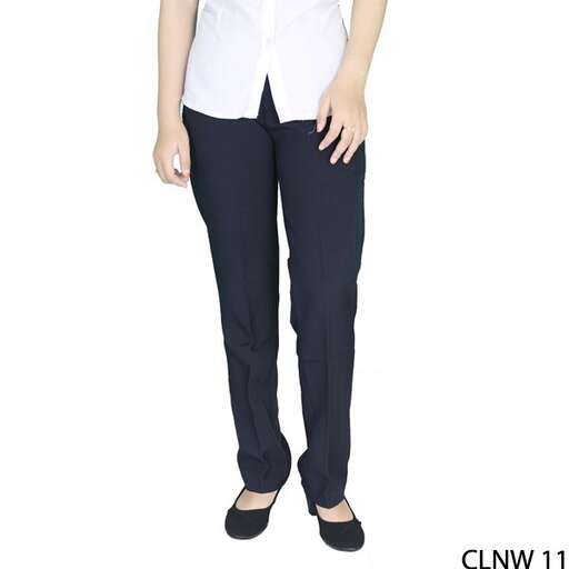 a pair of black trousers with a white shirt and black pumps.