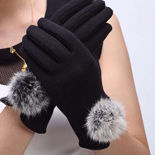 a pair of black gloves with white fur trims.