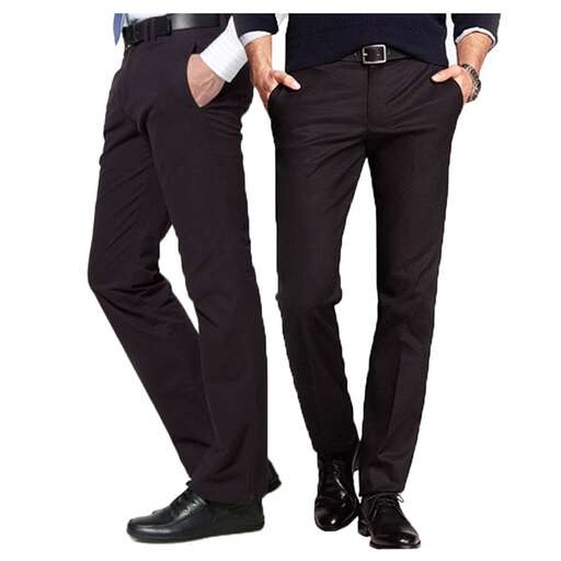 a pair of black trousers with a white shirt and tie