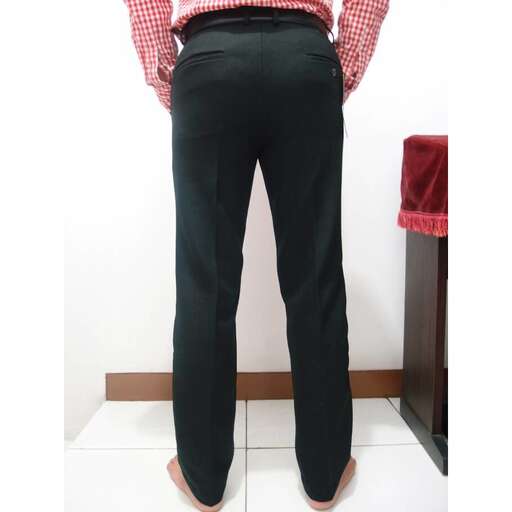 a pair of black pants with a red and white checkered shirt.
