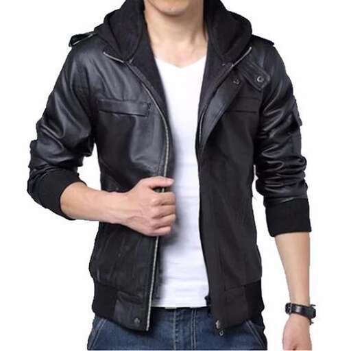 men's leather jacket with a hood