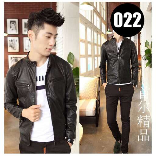 person is a new black leather jacket with a white t - shirt and black jeans.