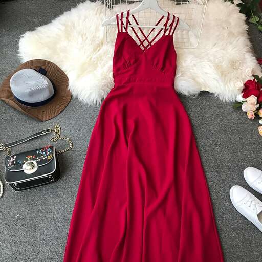 a red dress and hat are on display.