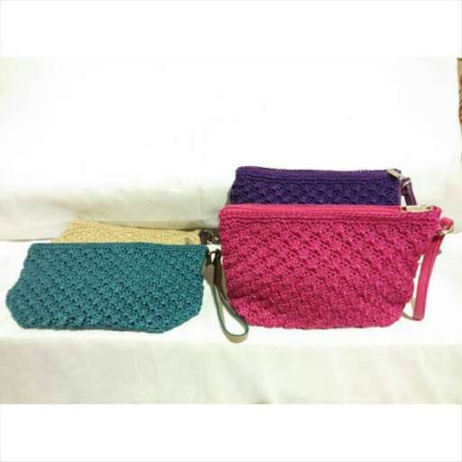 a bag made from a crocheted fabric.