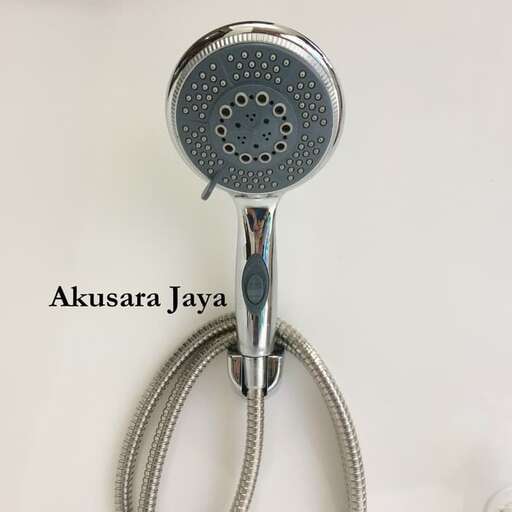 a shower head with a water hose.
