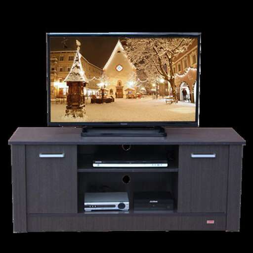 a flat screen tv sitting on top of a wooden cabinet.