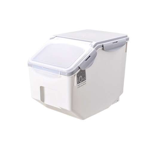 a cooler that is white with a blue lid.