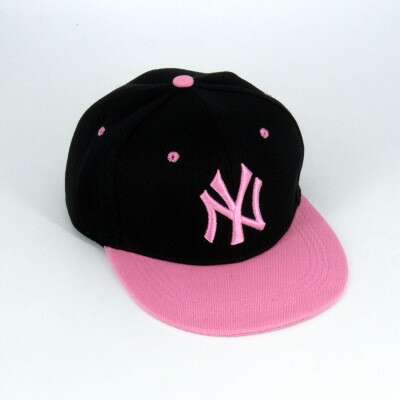 a black and pink baseball cap with a pink and white background.