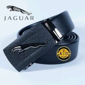 a black leather belt with a logo