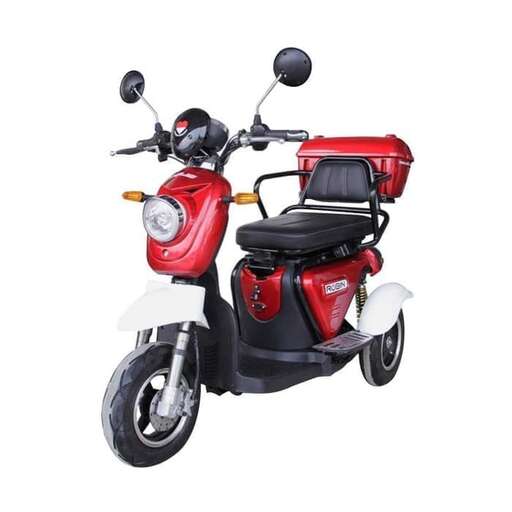 a red and black scooter is shown.