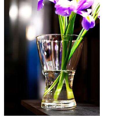 a glass vase with purple flowers in it.