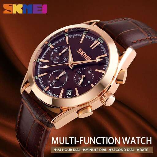 a watch with a leather strap and a black leather strap.