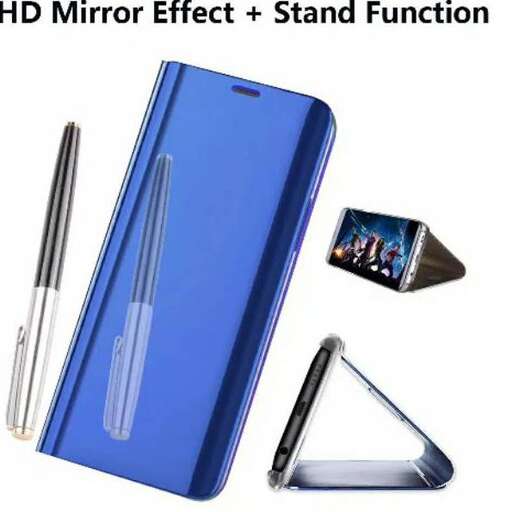 a blue case with a mirror and a cell phone.