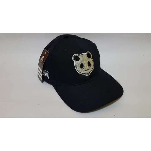 a black baseball cap with a logo on it.