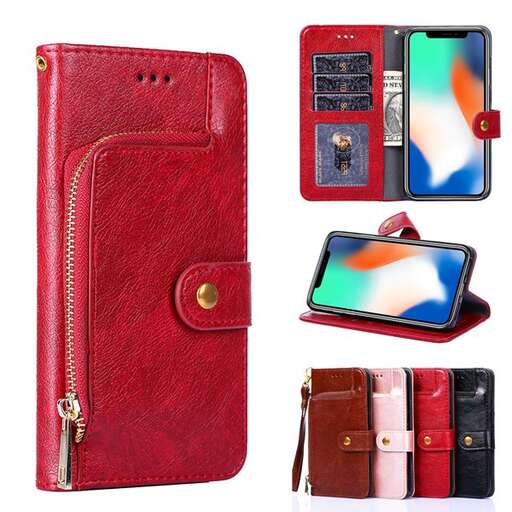 a red leather wallet with a blue cover and a red leather case.