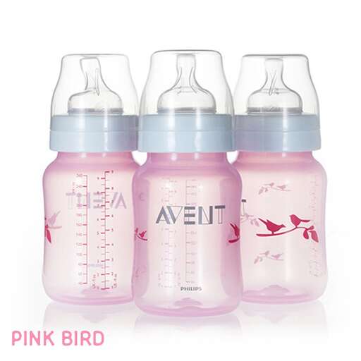 pink baby bottle with pink bird in the middle