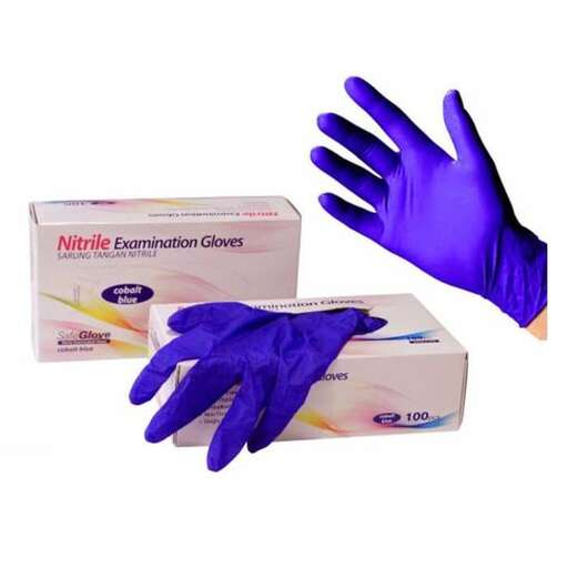 a gloved hand with a purple glove and a white box.