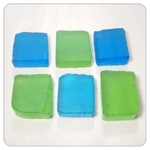 green and blue soaps in a row