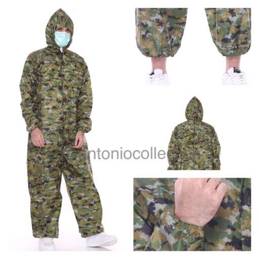 a soldier in camouflage with a gas mask and gloves.