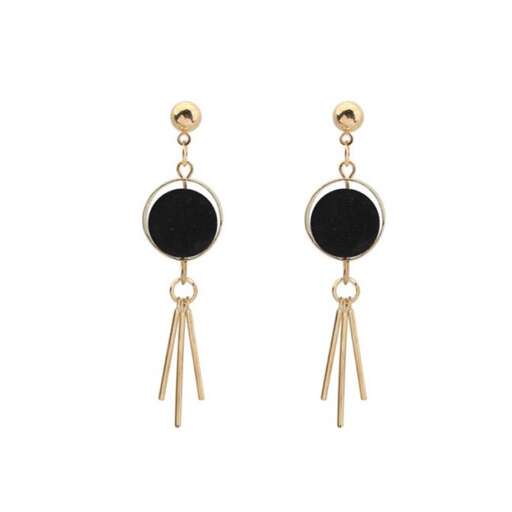 a pair of earrings with a black stone and gold chain.
