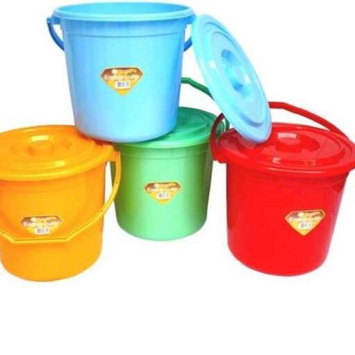 a set of colorful plastic buckets for kids.